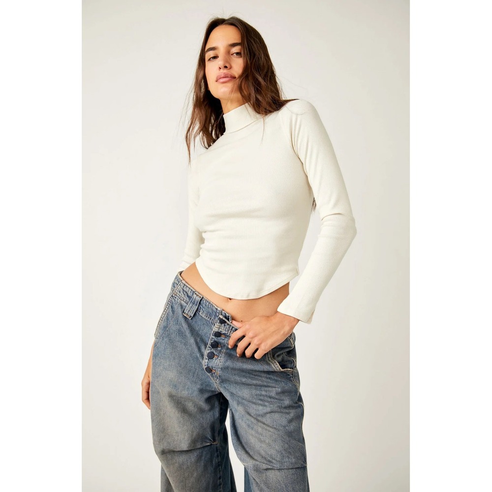 Free People We The Free Pixie Long Sleeve Tee Ribbed Mock Neck Clean Girl Ivory